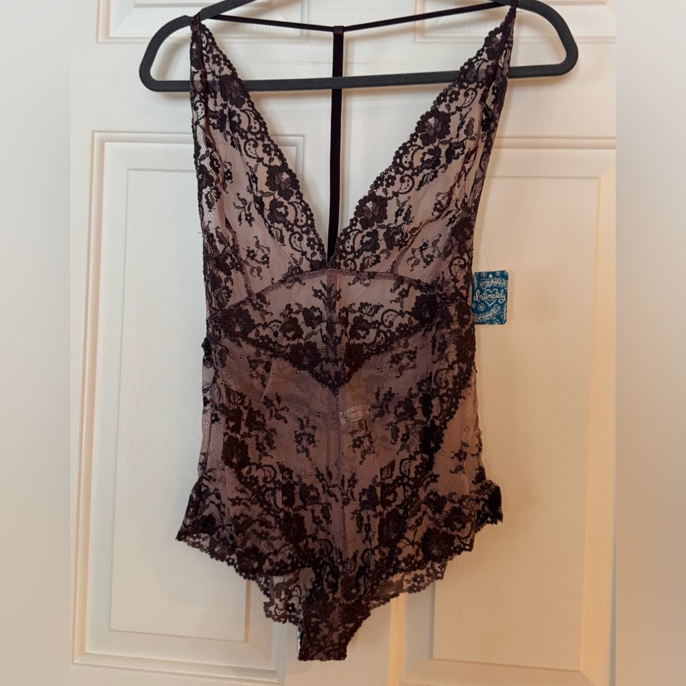 Free People Too Cute Lace Bodysuit, Eggplant Combo, Medium